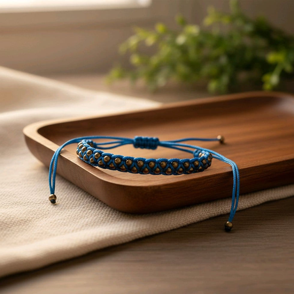 Thumbnail: Handmade blue marcrame bracelet, including gold beads