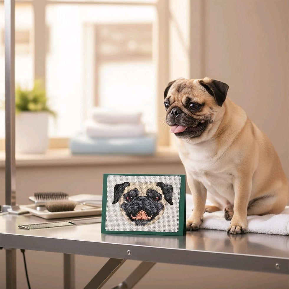 Thumbnail: Greeting card featuring a stitched pug face on white fabric, mounted on a dark green card