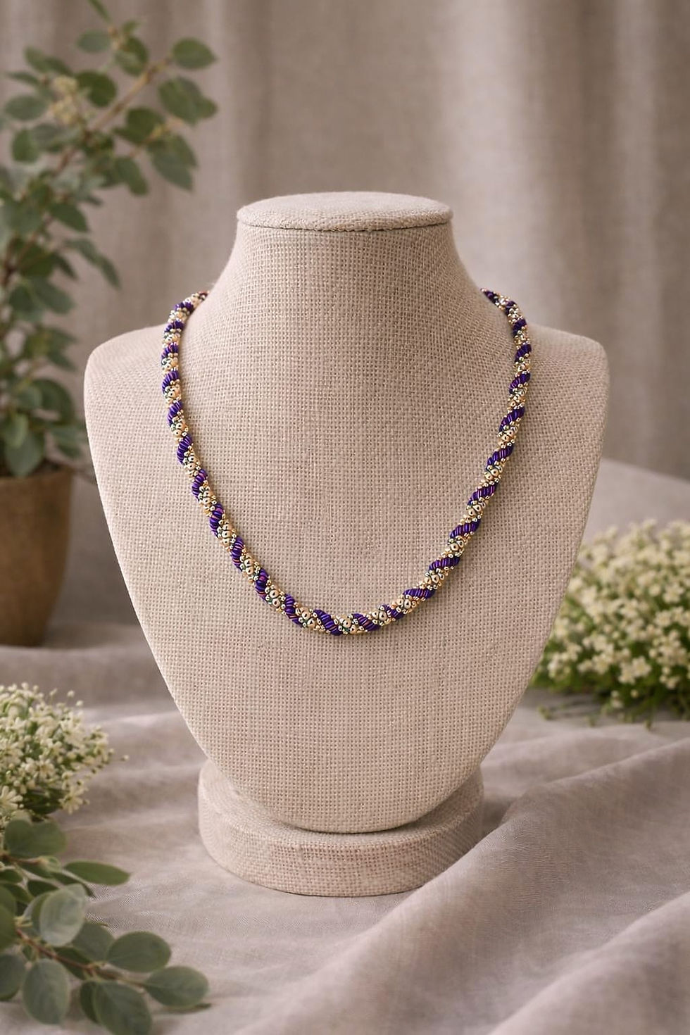 Thumbnail: Handmade purple hex and galvanised gold spiral necklace