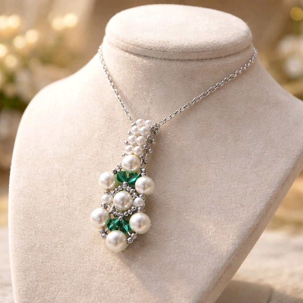 Thumbnail: Handmade green beaded, pearl necklace