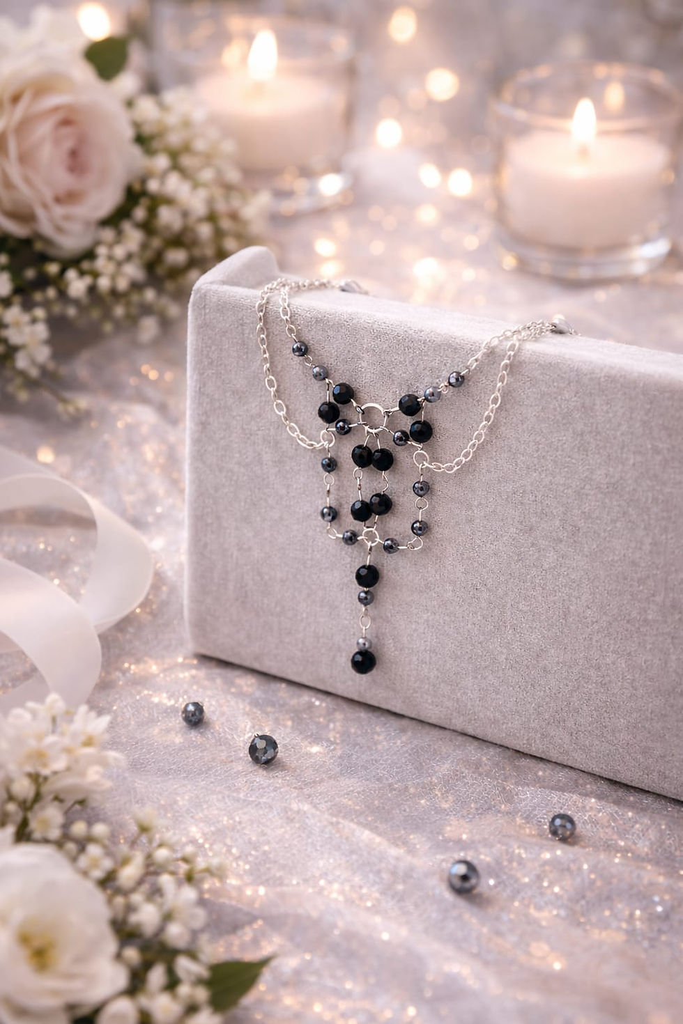 Handmade wire wrapped silver and dark grey beaded silver chained necklace