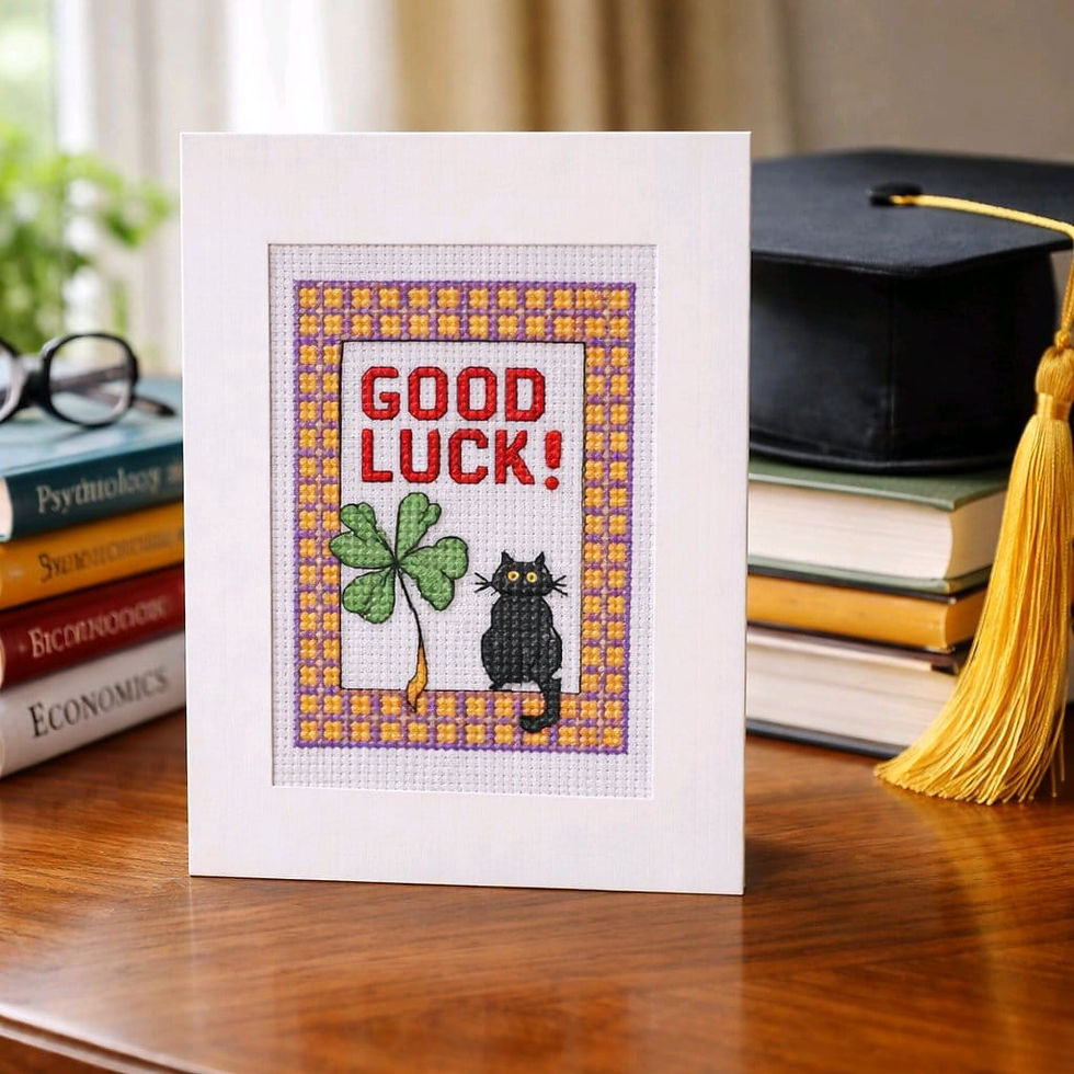 Thumbnail: handcrafted good luck card of a black cat and four leafed clover