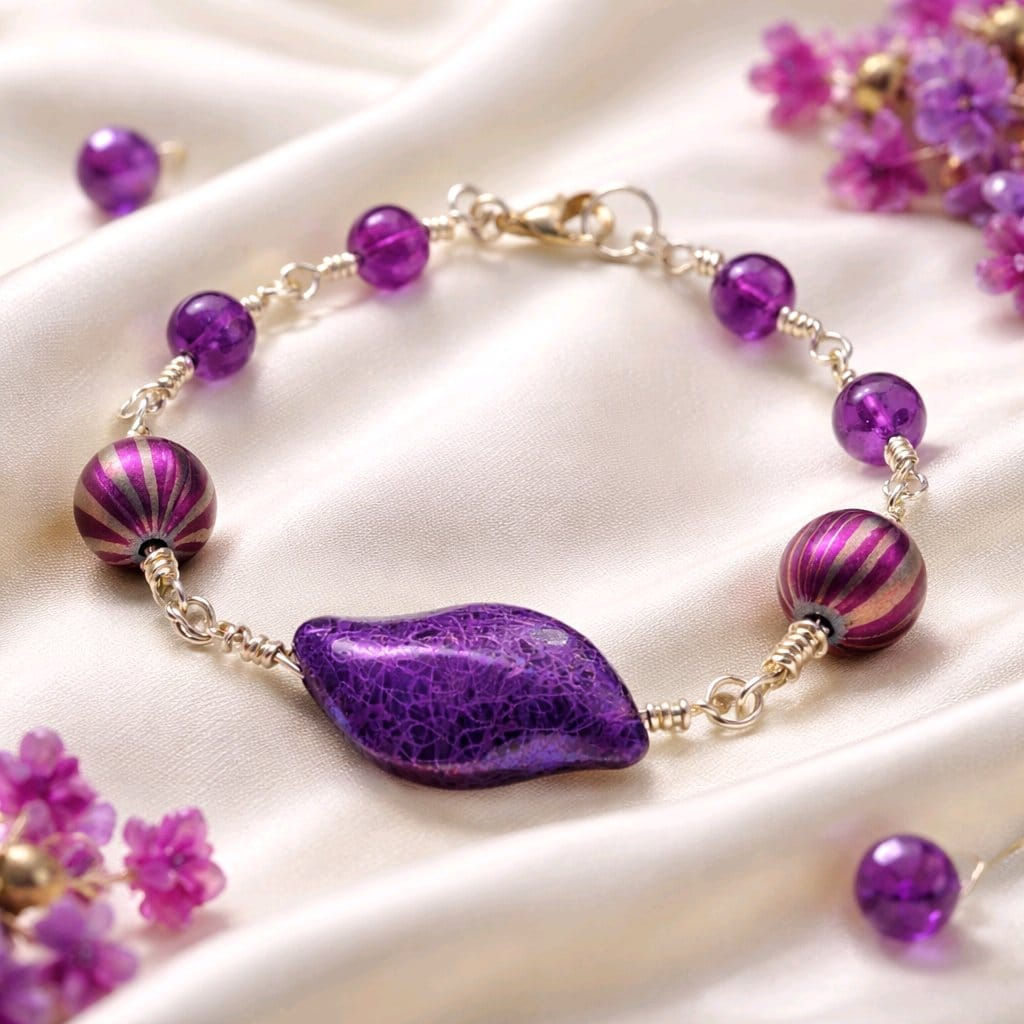 Handmade wire wrapped bracelet using purple beads