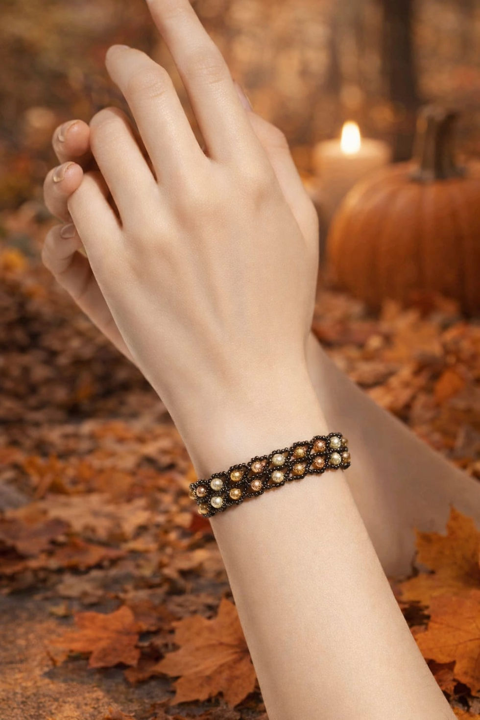 Thumbnail: Handmade rosewood, dark gold, antique gold, and lemon chiffon, metallic iris brown beaded bracelet