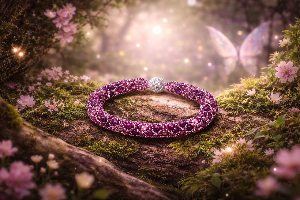 Thumbnail: Handmade dark purple, light pink, and fuchsia beaded bracelet