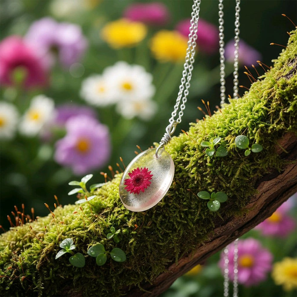 Handmade clear red flower resin necklace with silver chain