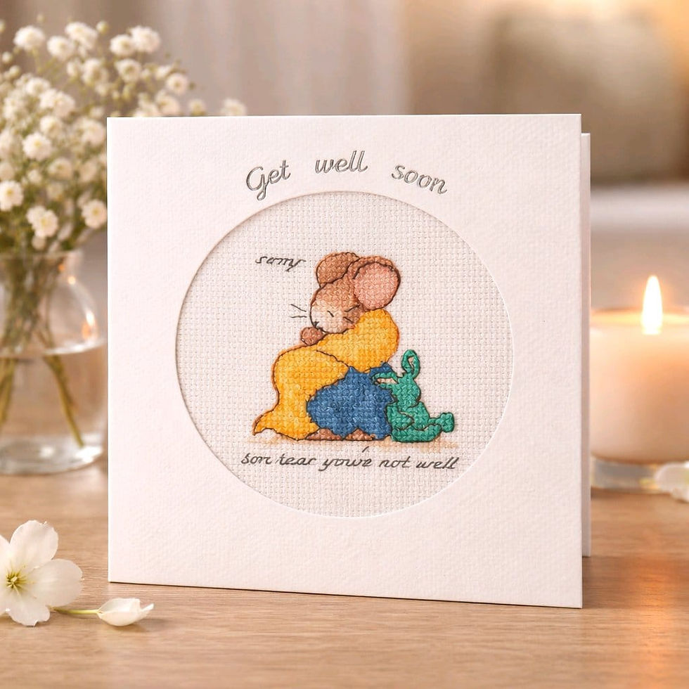 handcrafted Get Well card of a mouse and its green bunny