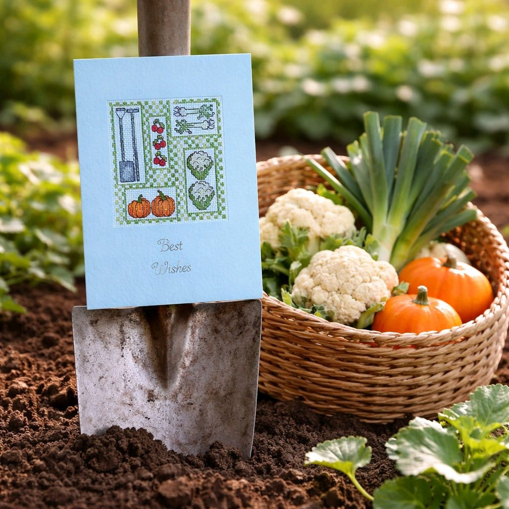 handcrafted greeting card of garden produce and equipment