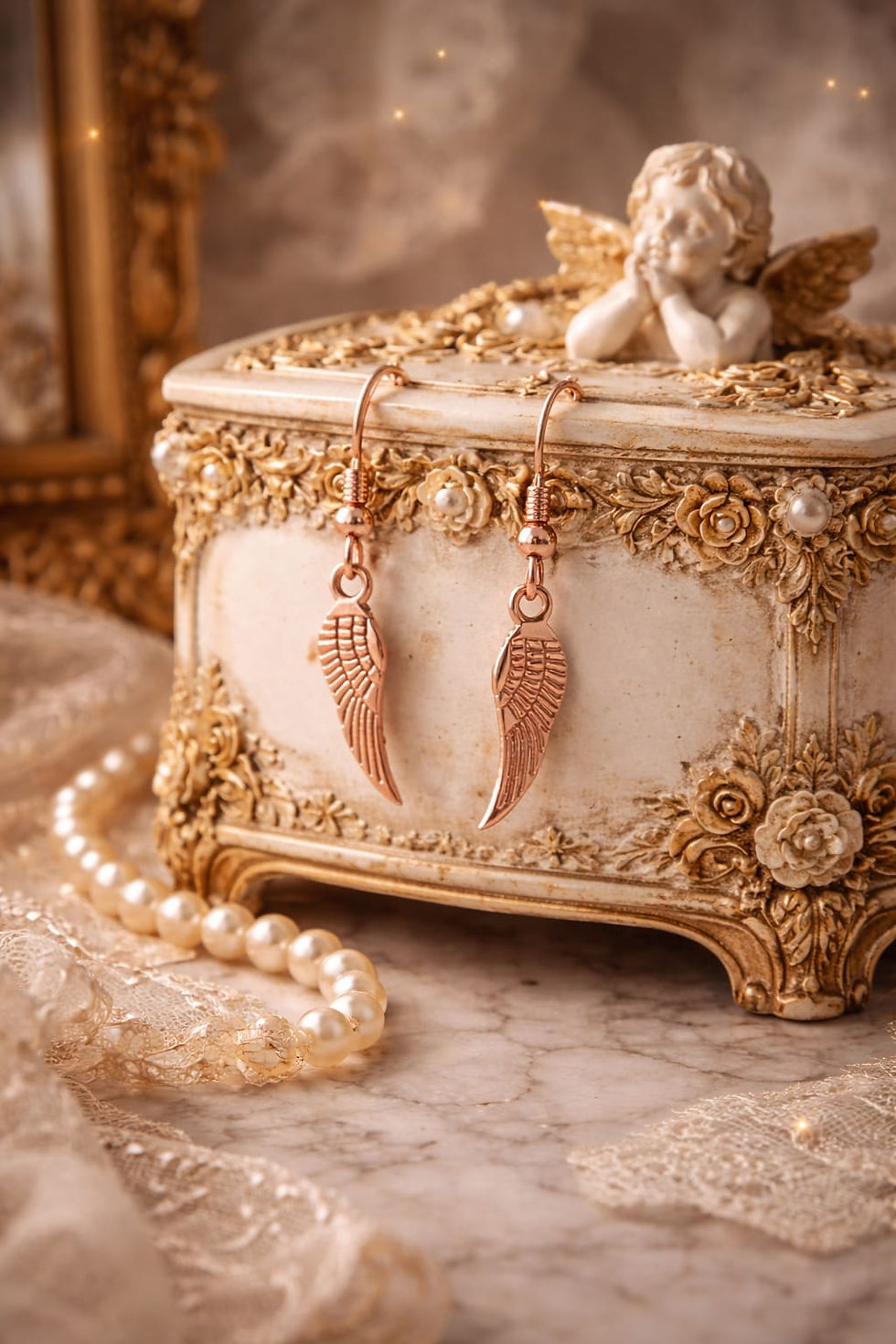 Handcrafted rose gold angel wing earrings