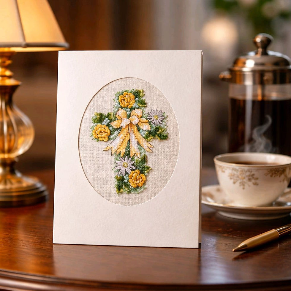 handcrafted greeting card of flower cross embellished with seed beads