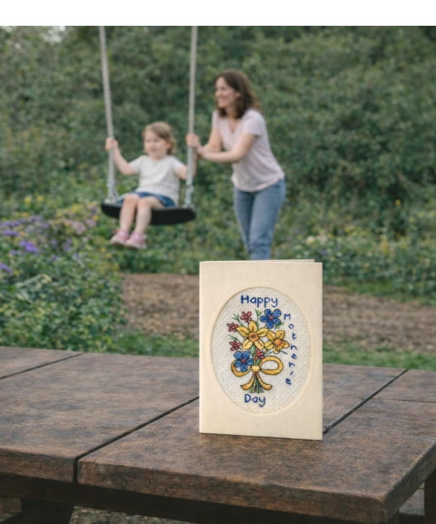 Thumbnail: handcrafted Mothers Day card of flower posy and yellow ribbon