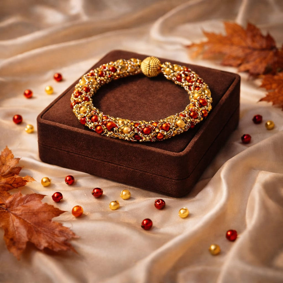 Handmade red, dark gold, and orange beaded bracelet