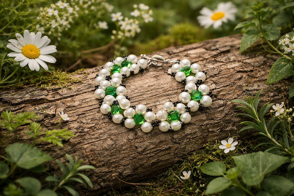 Thumbnail: Handmade flower bracelet using white pearls, green and black beads