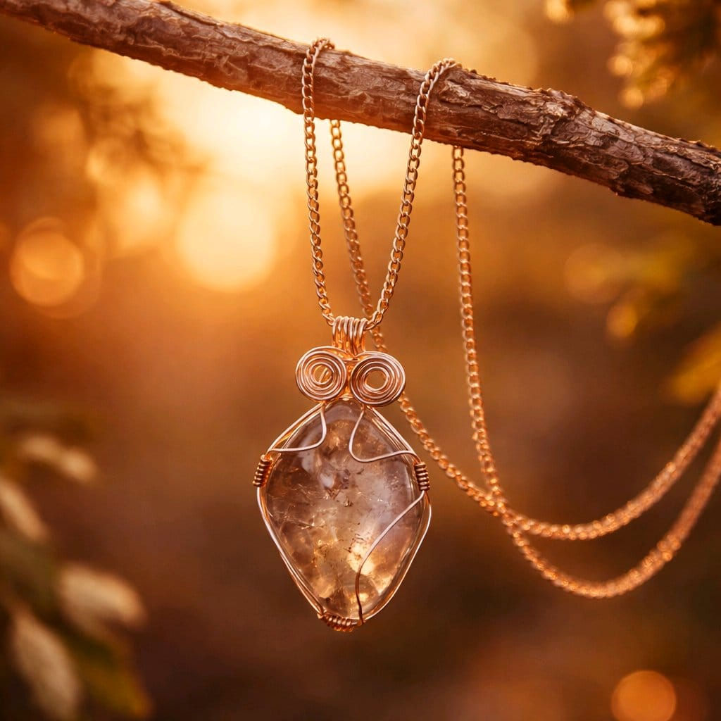 Handmade wire wrapped rose quartz cabochon gold chained necklace