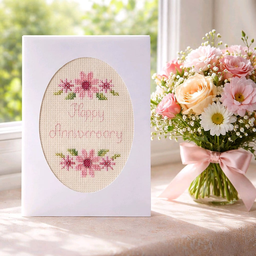 handcrafted anniversary card of pink flowers with seed beads
