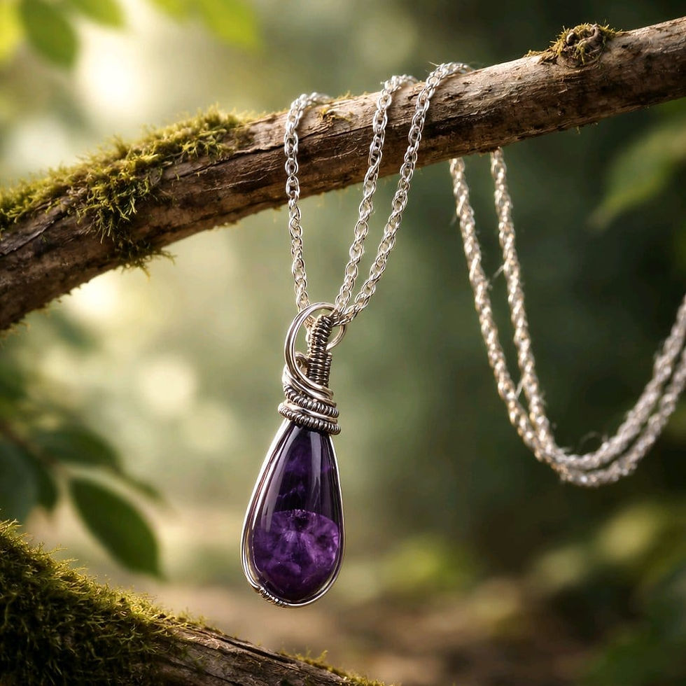 Handmade wire wrapped amethyst cabochon silver chain necklace