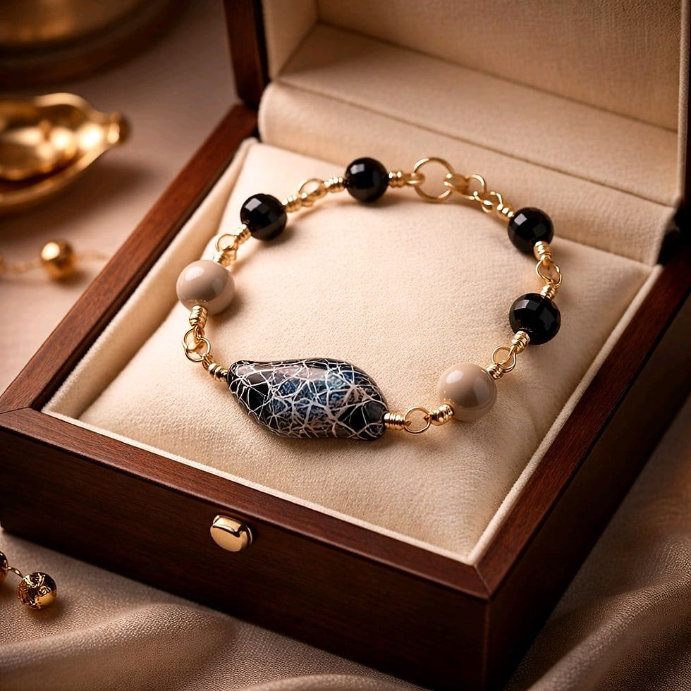 Thumbnail: Handmade wire wrapped bracelet using marble blue, black and beige beads