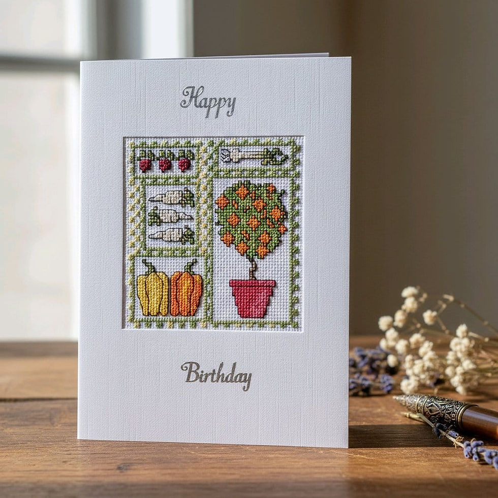 Thumbnail: handcrafted birthday card of collage of an orange tree and harvest vegetables