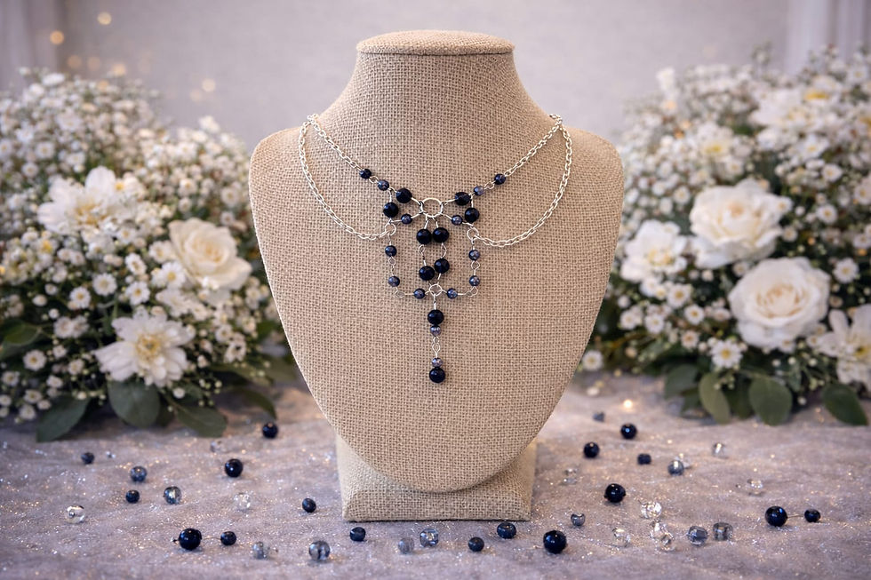 Handmade wire wrapped silver and dark grey beaded silver chained necklace