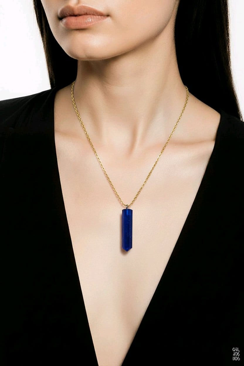 Thumbnail: Handmade blue resin necklace with gold chain