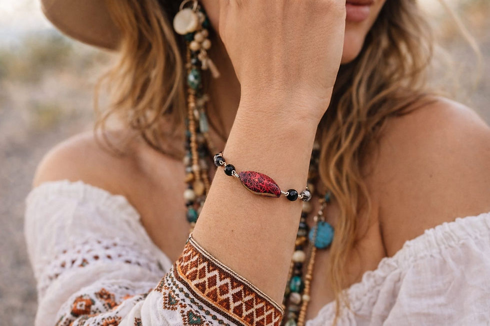 Handmade wire wrapped bracelet using red, black and silver beads