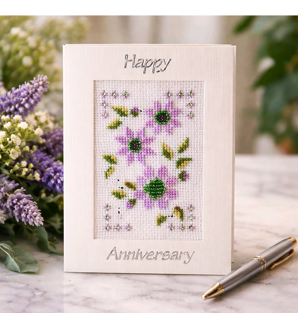 Thumbnail: handcrafted anniversary card of mauve flowers and seed beads