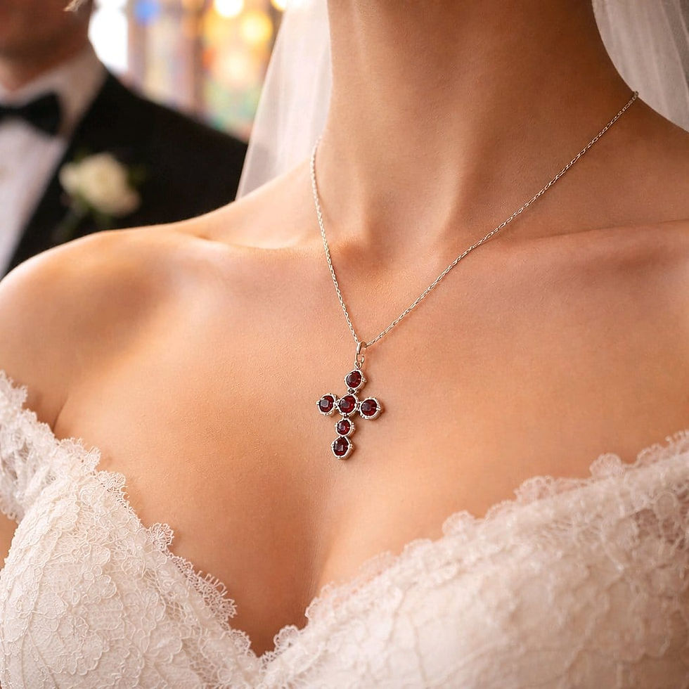 Thumbnail: Handmade wire wrapped red beaded cross necklace