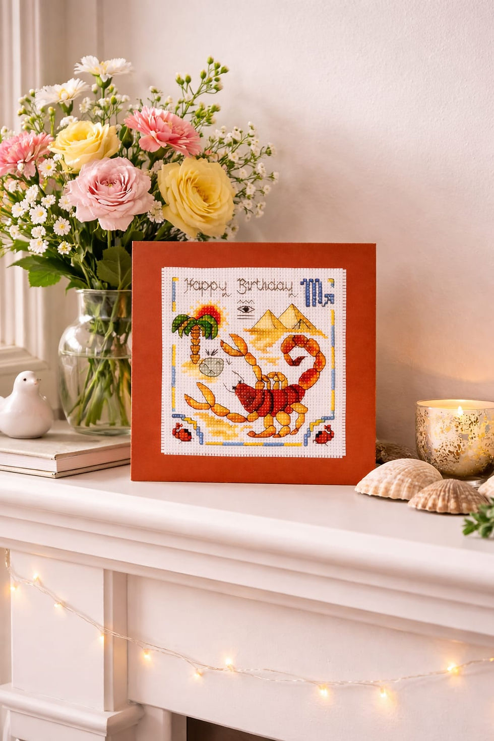 Handcrafted card of a scorpion, pyramids and palm tree depicting the star sign Scorpio