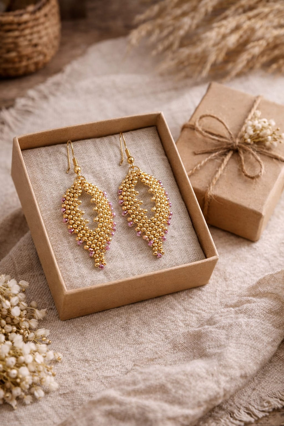 Handmade gold and rose quartz beaded earrings