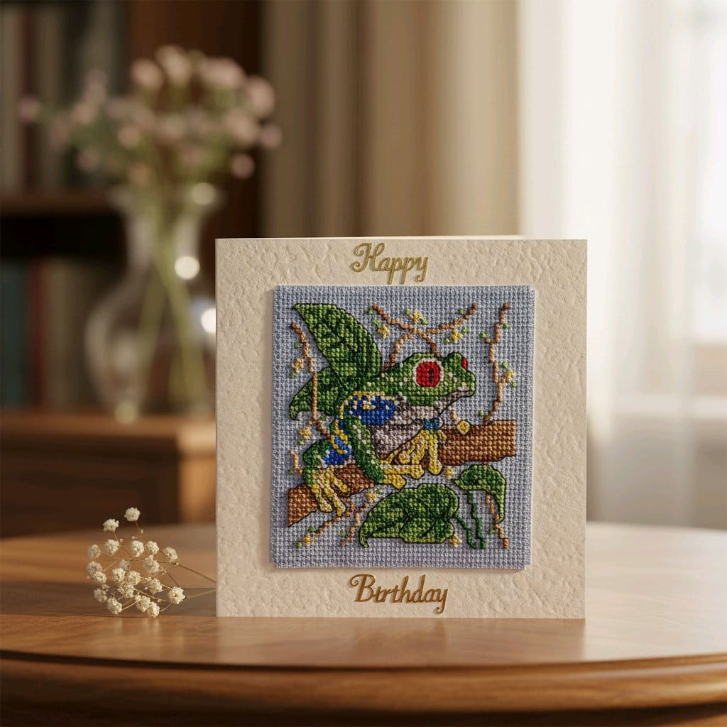 Greeting card featuring a stitched green frog on a log against blue fabric, mounted on a cream card