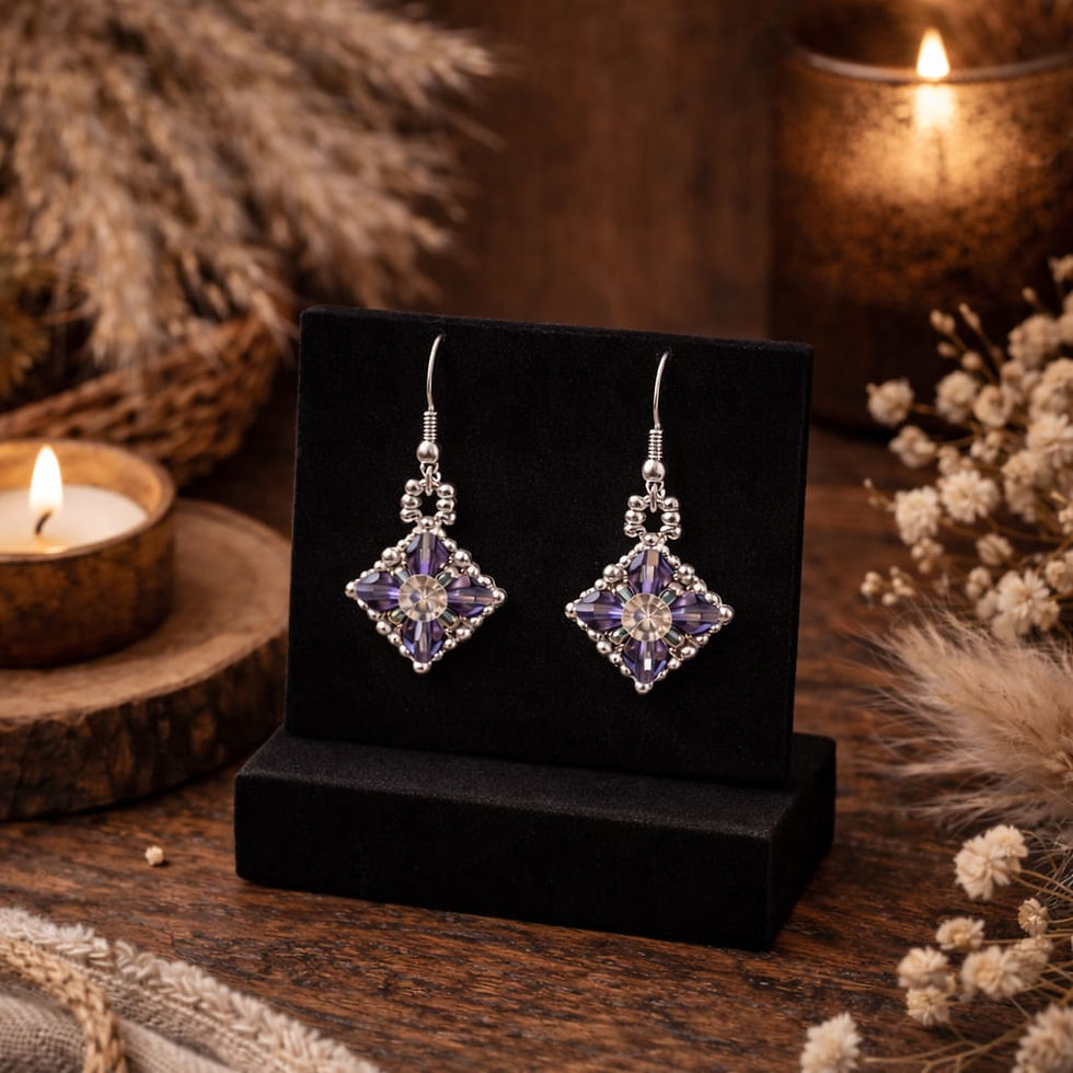 Handmade silver and purple bead necklace with centre rhinestone