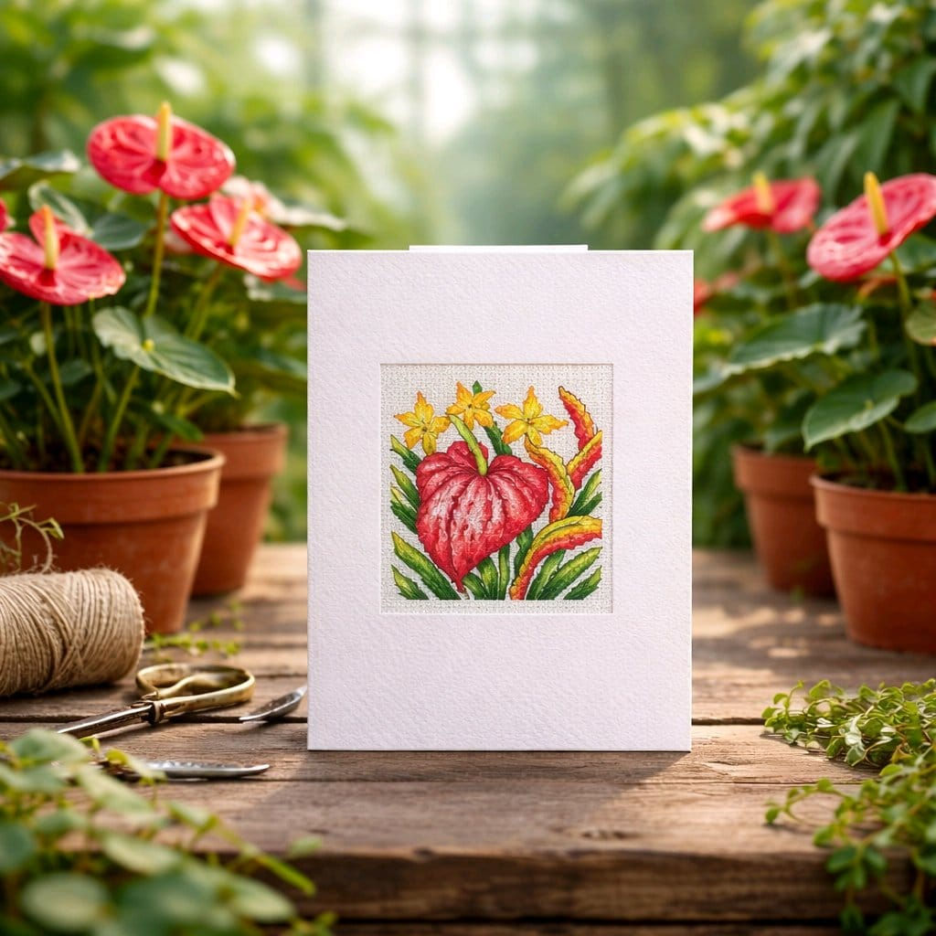 handcrafted greeting card of red anthurium flowers