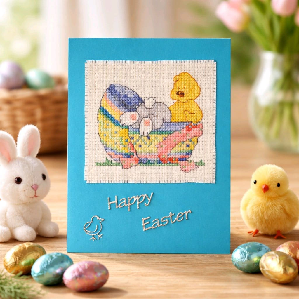 handcrafted Easter card of broken Easter egg chick and bunny