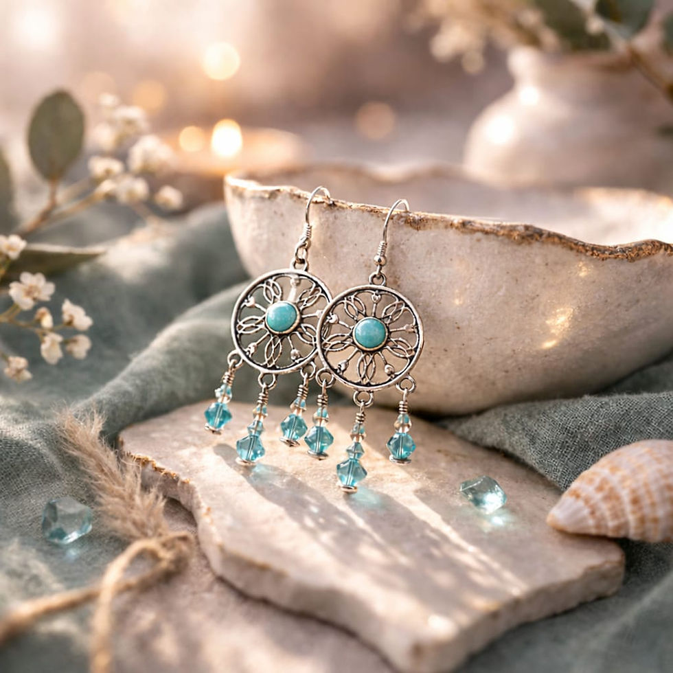 Handcrafted circular filigree earrings, with turqoise stone and aqua wire wrapped drops