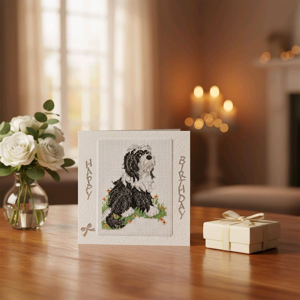 Handcrafted card of a Tibetan terrier