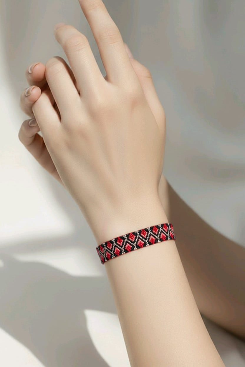 Handmade black, gold and red beaded bracelet