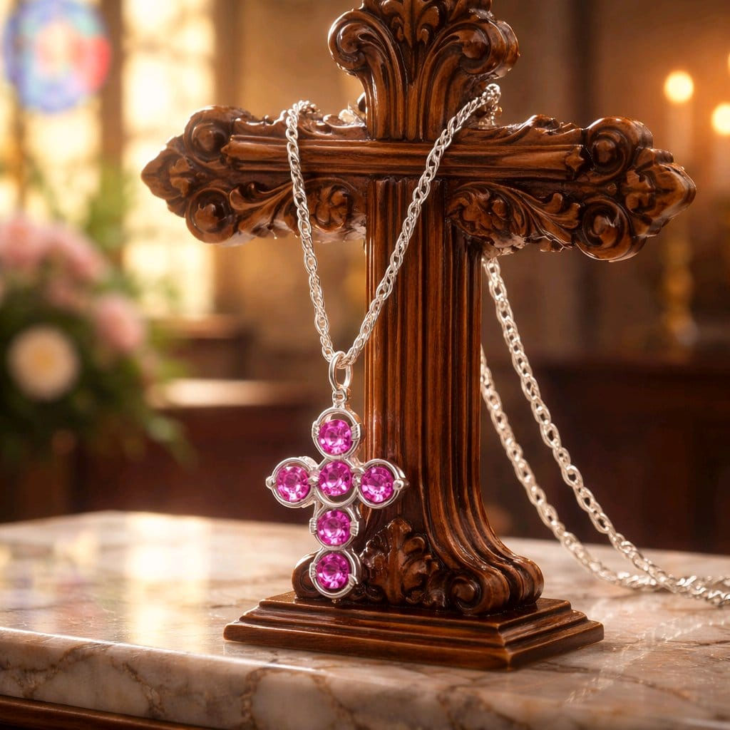 Handmade wire wrapped pink beaded cross necklace