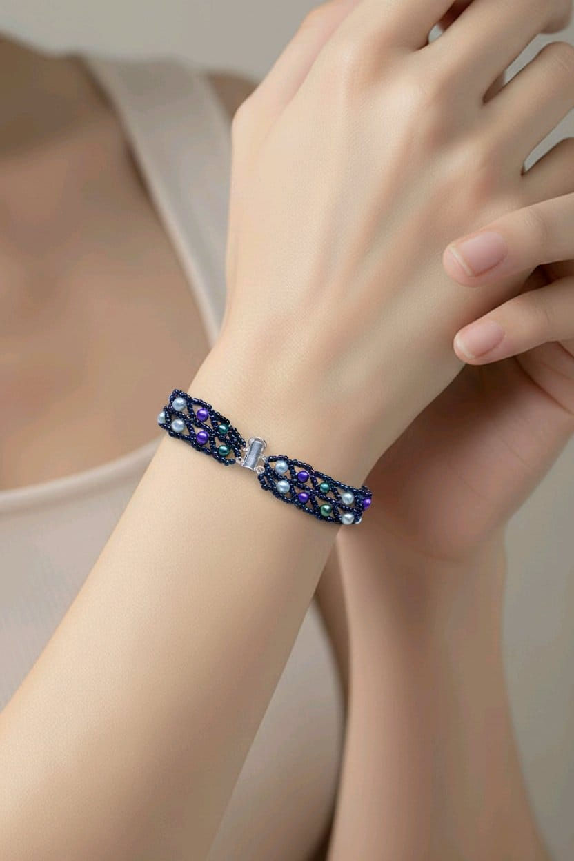 Thumbnail: Handmade teal, blue, purple beaded bracelet
