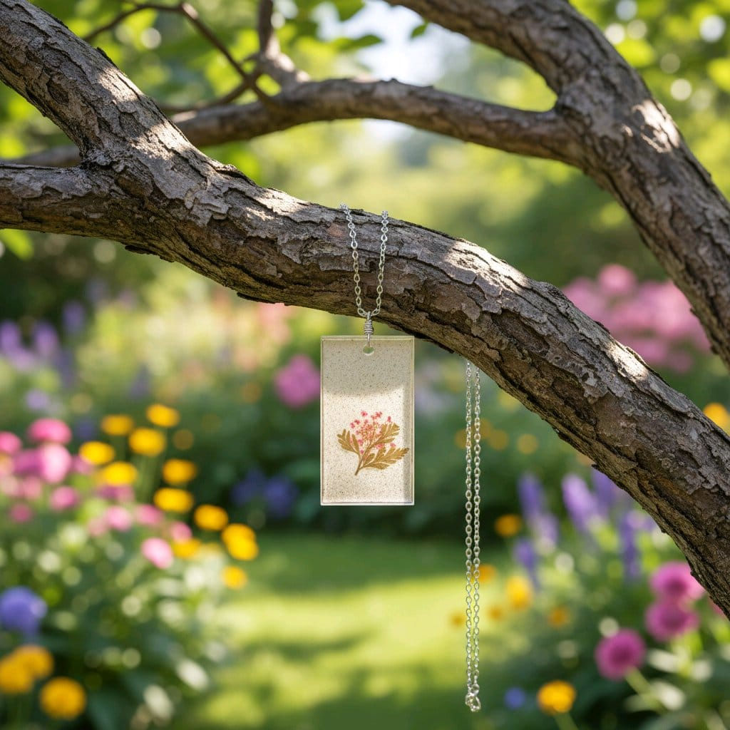 Handmade clear flower resin necklace with silver chain