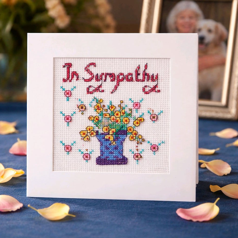 handcrafted sympathy card of blue urn and yellow flowers