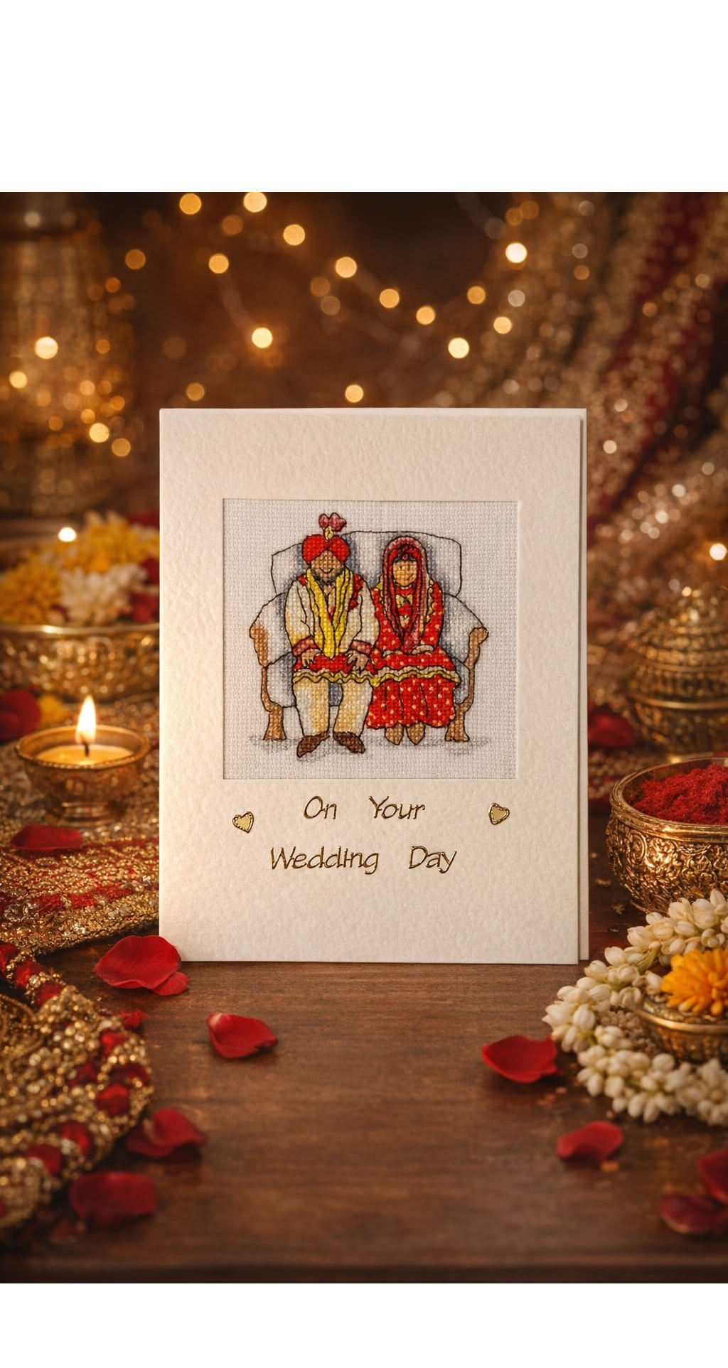 handcrafted Wedding card of a Sikh couple on a sofa