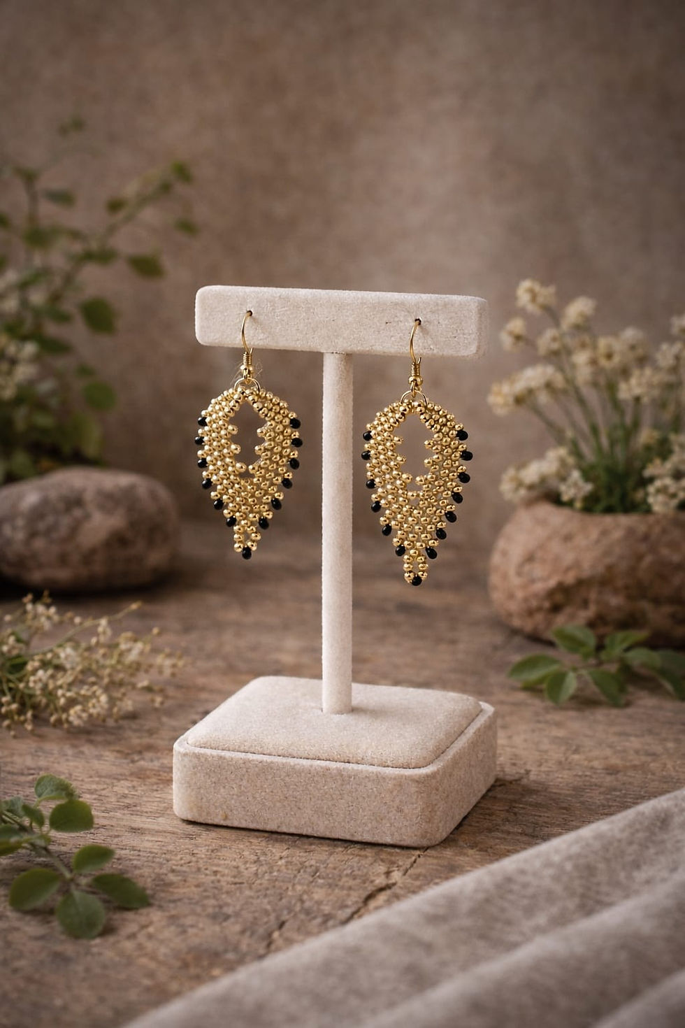Handmade black and gold beaded earrings