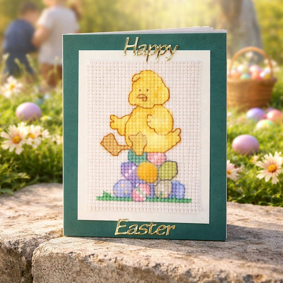 handcrafted easter card with adorable chick atop a pyramid of eggs
