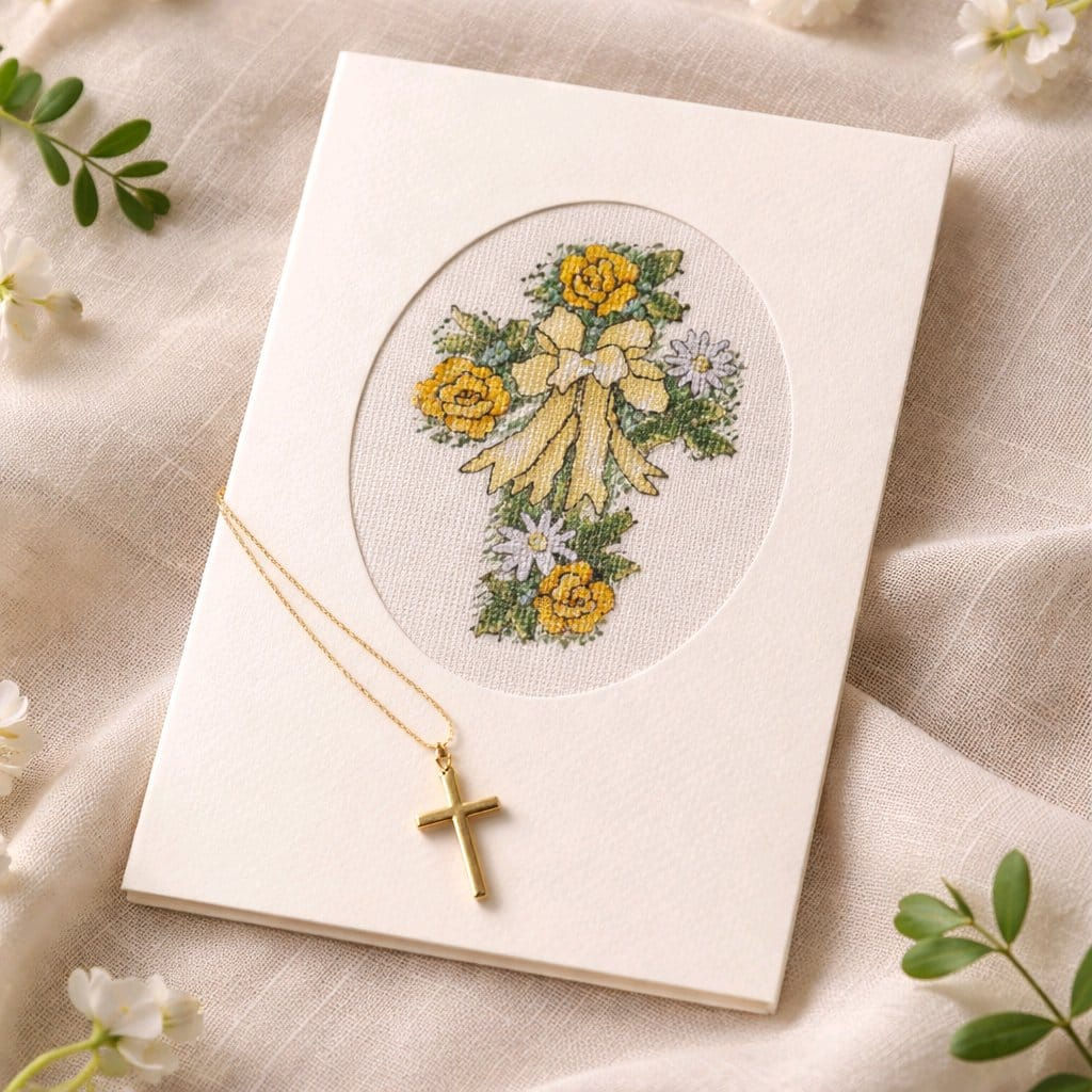 handcrafted greeting card of flower cross embellished with seed beads