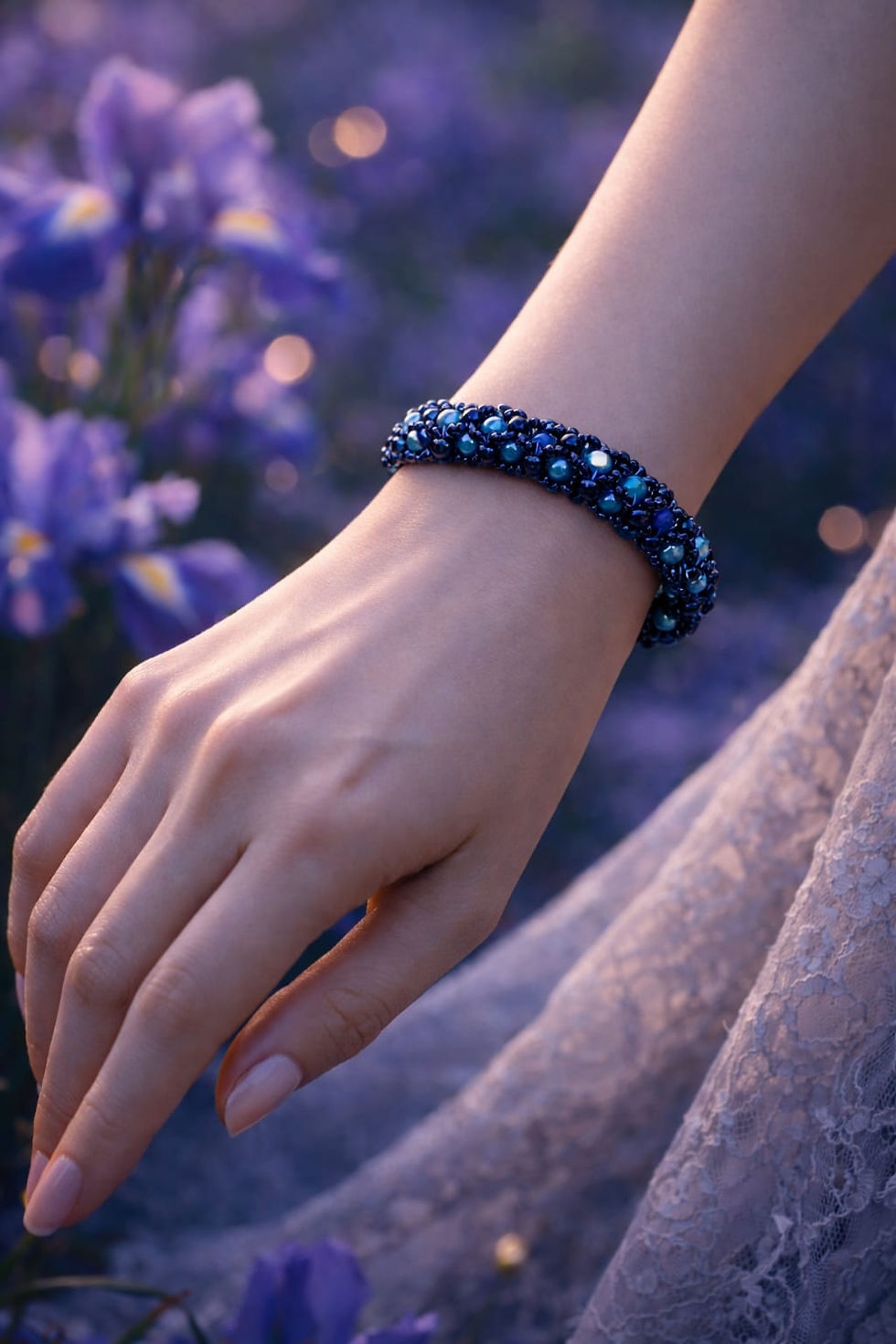 Thumbnail: Handmade royal blue, aqua and turquoise beaded bracelet