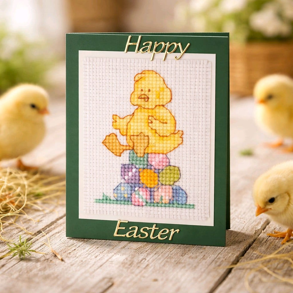 Thumbnail: handcrafted easter card with adorable chick atop a pyramid of eggs