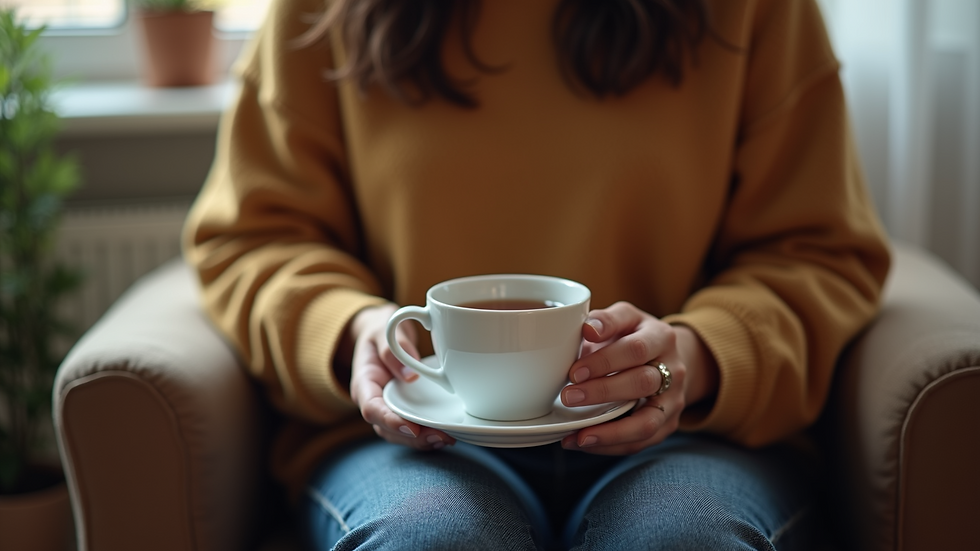 Close-up view of a person holding a cup of tea while sitting in a cozy chair