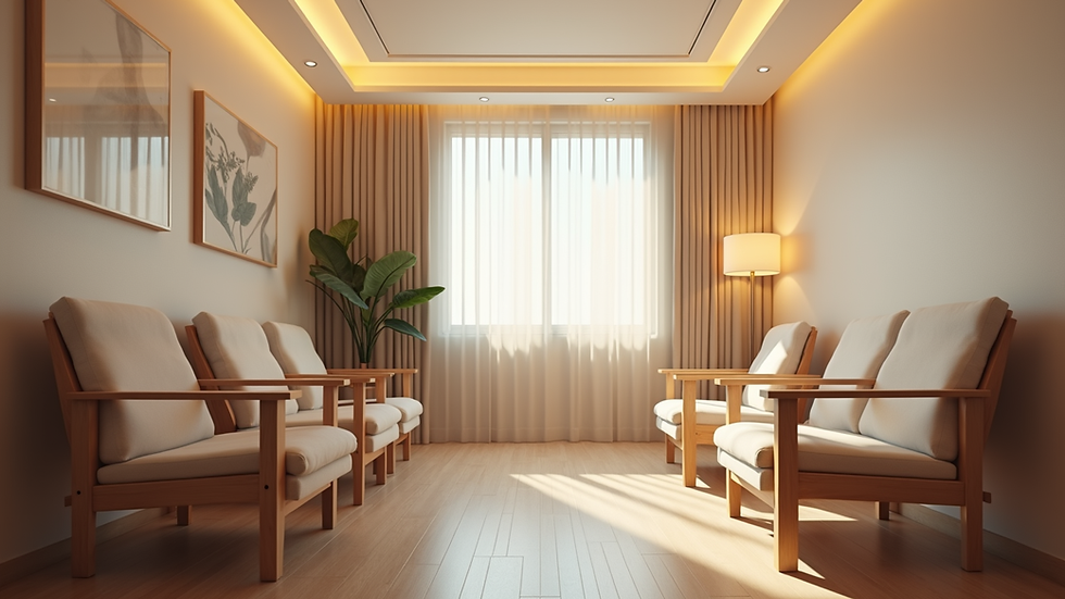 Eye-level view of a calm therapy room with soft lighting and comfortable chairs