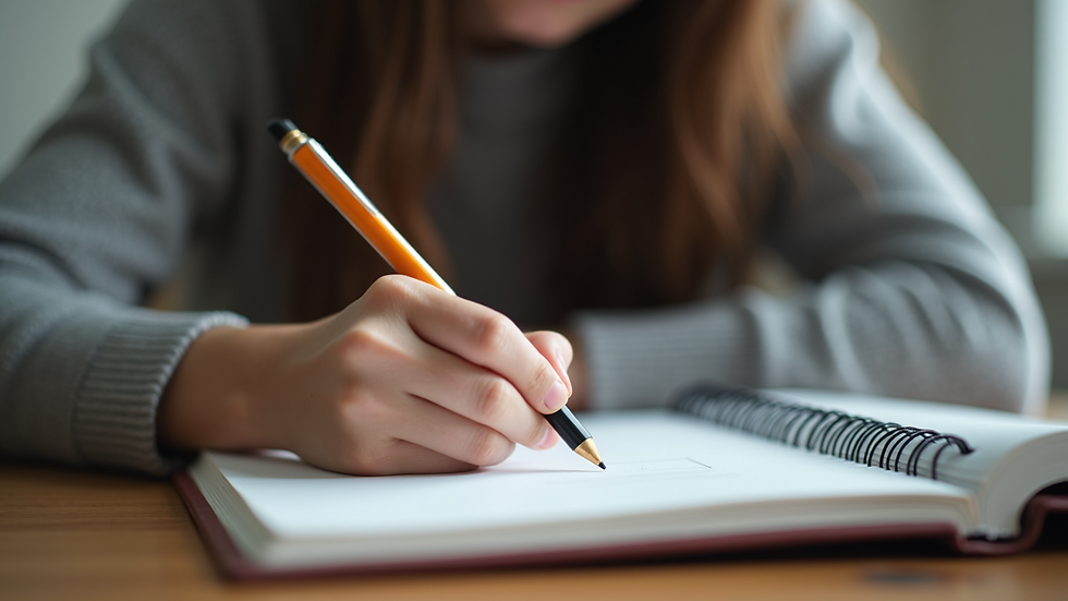 Close-up view of a teen writing in a journal during therapy
