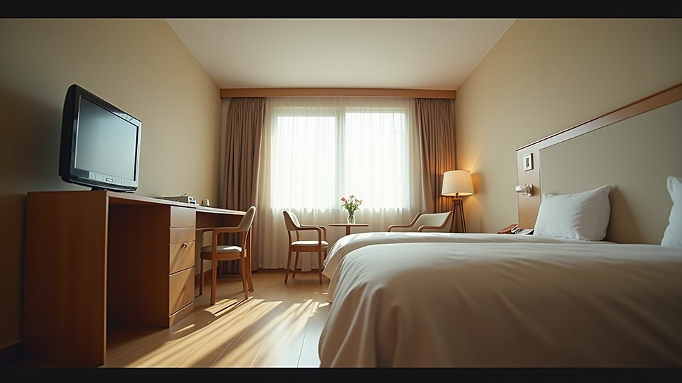 Eye-level view of a budget guesthouse room with simple furnishings